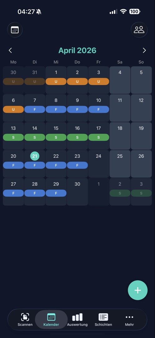 Kalender-Ansicht der SchichtScan App