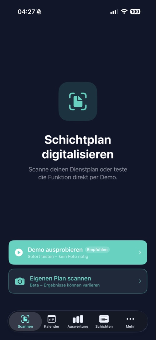Scan-Screen der SchichtScan App